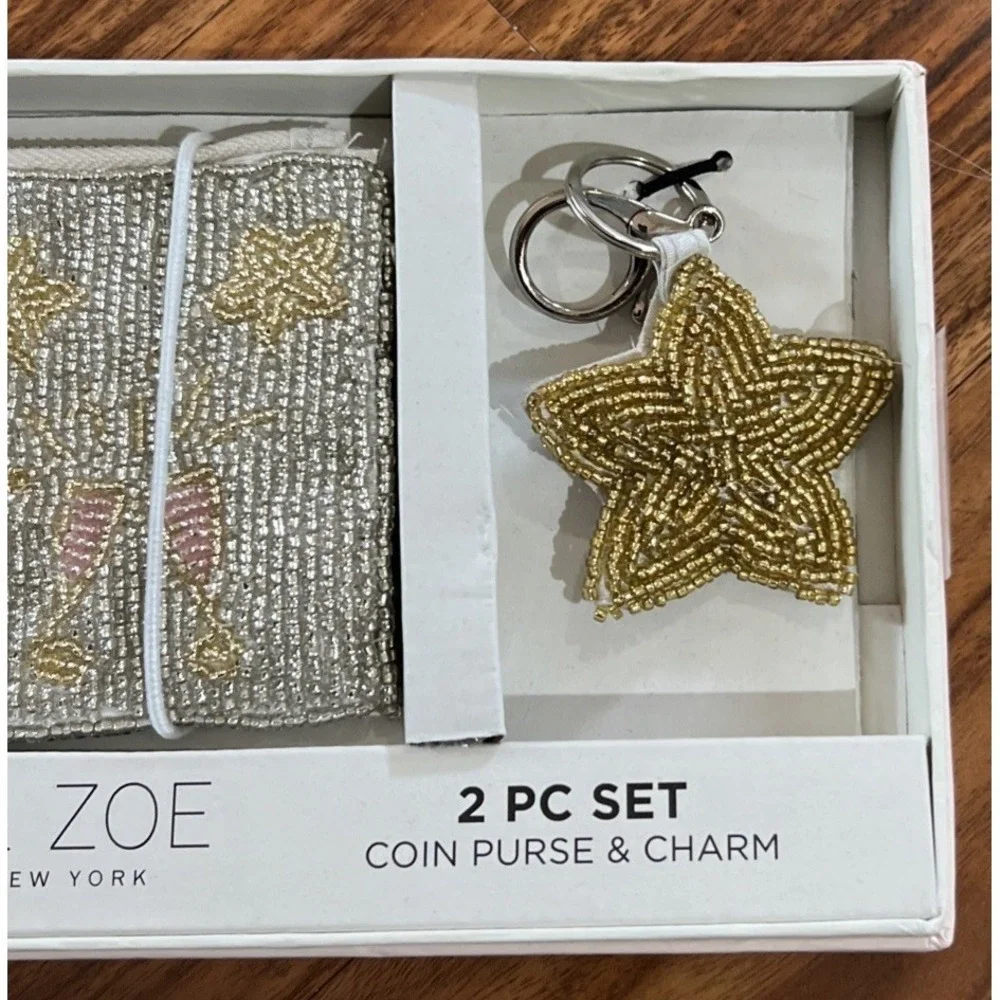 New $40 Rachel‎ Zoe 2 Piece Champagne Bottle Silver Coin Purse Star Key Chain